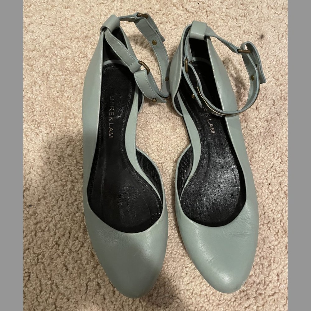 Blueish-Grey Leather Derek Lam Flats with Bronze Ankle Wrap - Size 38.5